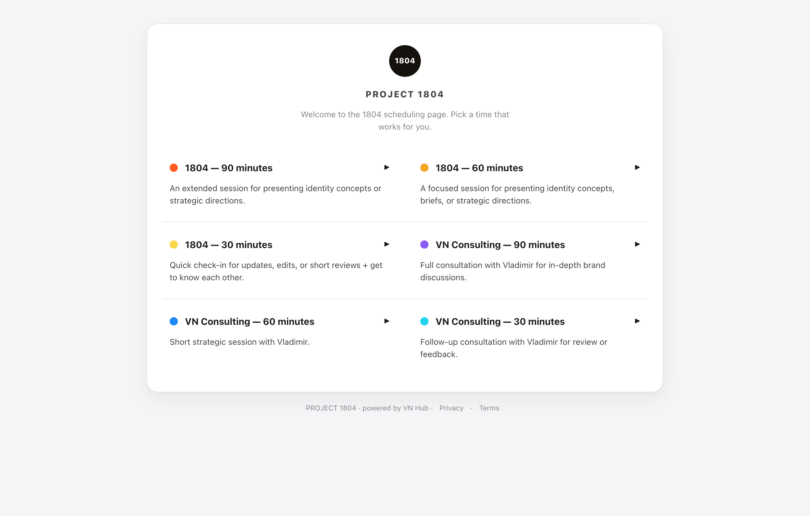 The booking page: choose a meeting type and a time, like Calendly.